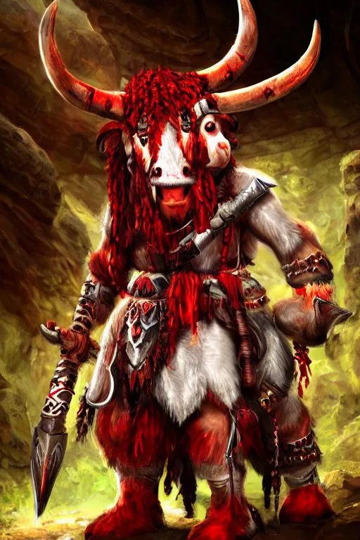 Image similar to a tauren warrior colaked in white with swords, standing in light beam of a dark cave, ruby red sorrow, high quality, ultra detail