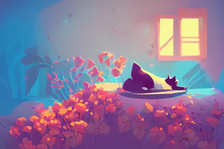 Image similar to a cat is sleeping in the room with flowers around in the afternoon, the sun shines in, by anton fadeev