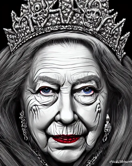 Prompt: Queen Elizabeth II as a hag witch, highly detailed face, realistic face, beautiful detailed eyes, fantasy art, illustration, epic, fantasy, intricate, hyper detailed, artstation, concept art, smooth, sharp focus, by jerad s marantz