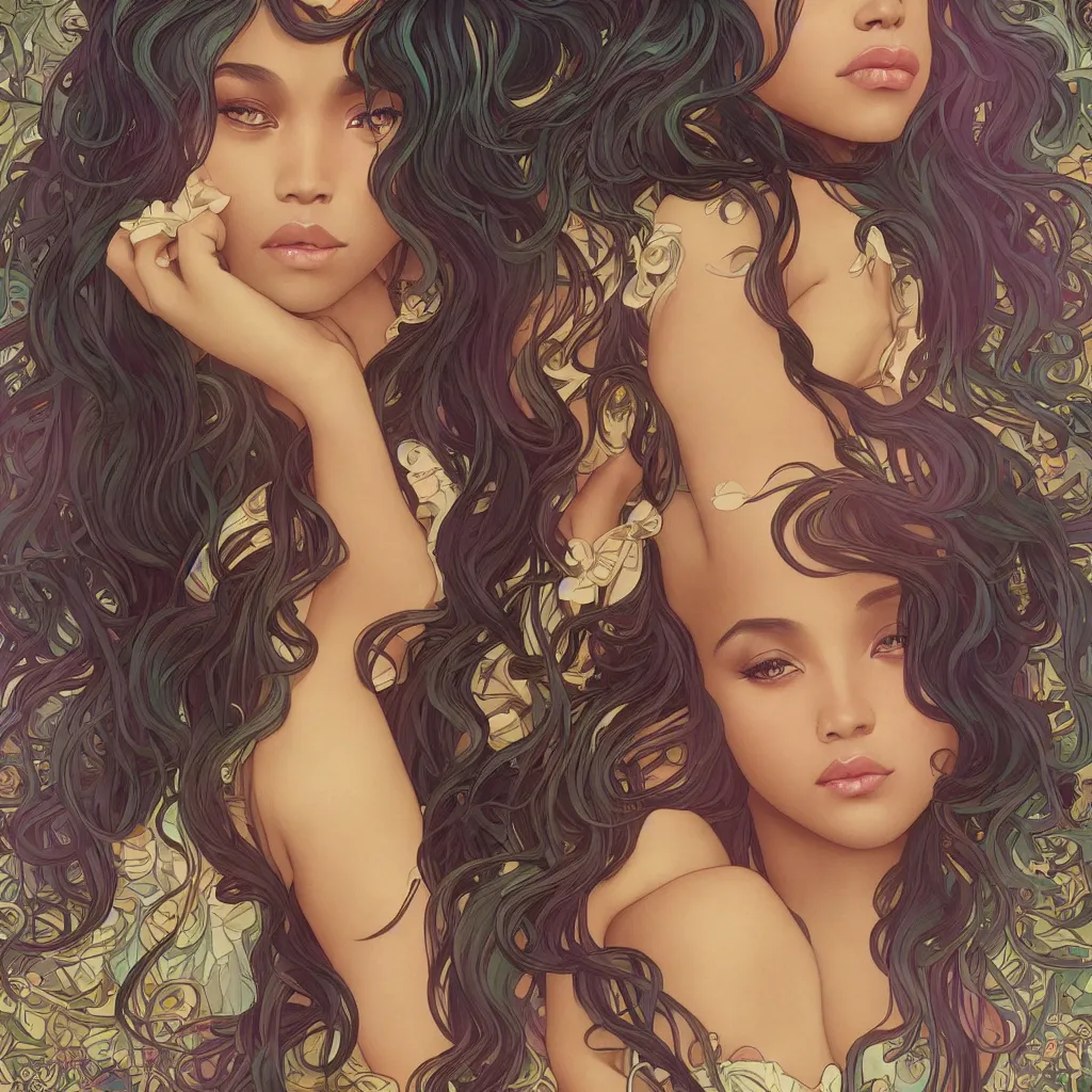 Image similar to beautiful black woman with gorgeous pastel balayage hairstyle, as seen on artgerm, octane render, in the style of alphonse mucha, ultra realistic, highly detailed, 8 k