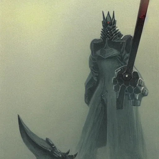 Image similar to concept art of omegamon, sword for lift arm and a cannon for right arm, fantasy, valley, heavy fog, wayne barlowe and zdzislaw beksinski