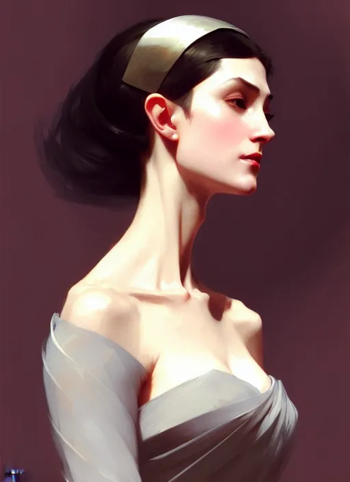 Prompt: character concept portrait of a woman with pointy ears and an elegant gown, pale face, intricate, elegant, digital painting, concept art, smooth, sharp focus, illustration, from Metal Gear, by Ruan Jia and Mandy Jurgens and William-Adolphe Bouguereau, Artgerm