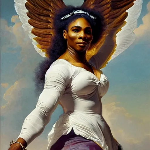 Image similar to Portrait of Serena Williams with wings as Nike Goddess standing proud, large wings, luxuriant, dreamy, eternity, romantic, strong pose, highly detailed, in the style of Franz Xaver Winterhalter, highly detailed, in the style of Aetherpunk