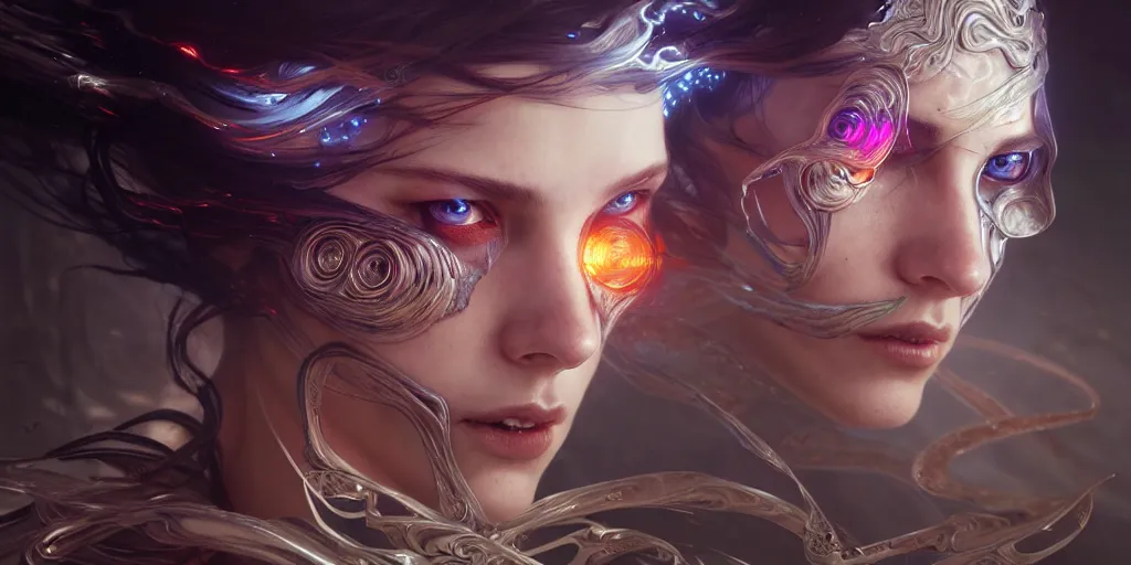 Image similar to whirling portrait of a electrofied technomancer, rippling, ultra realistic, concept art, intricate details, eerie, highly detailed, photorealistic, octane render, 8 k, unreal engine. art by artgerm and greg rutkowski and alphonse mucha