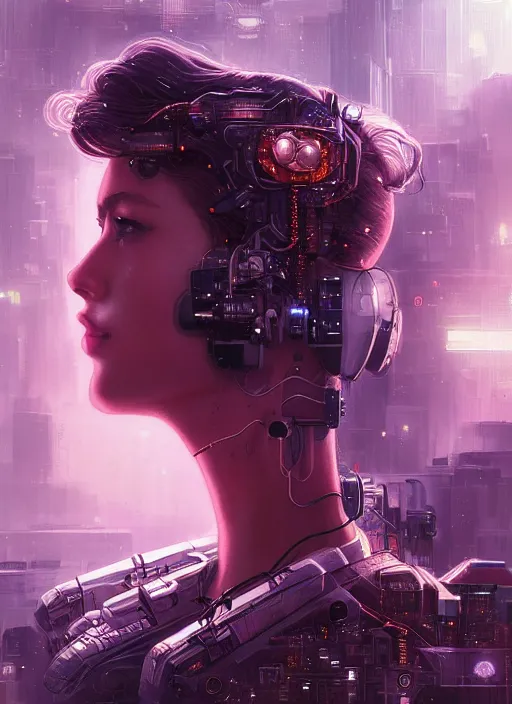 Prompt: beautiful young woman, gorgeous face, bladerunner city landscape, cybernetic, wires, technology, vaporwave aesthetic, synthwave, intricate, elegant, highly detailed, digital painting, artstation, concept art, smooth, sharp focus, illustration, art by artgerm and greg rutkowski and alphonse mucha