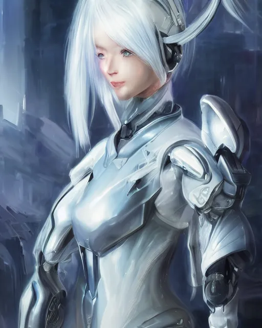 Image similar to perfect white haired girl, warframe armor, beautiful, dreamy, pretty face, blue cyborg eyes, portrait, bright light, scifi, emotional, utopian architecture in the background, laboratory, 4 k, high definition, ultra realistic, aura of light, cinematic, highly detailed, masterpiece, art by akihito tsukushi, akasuki brightmind