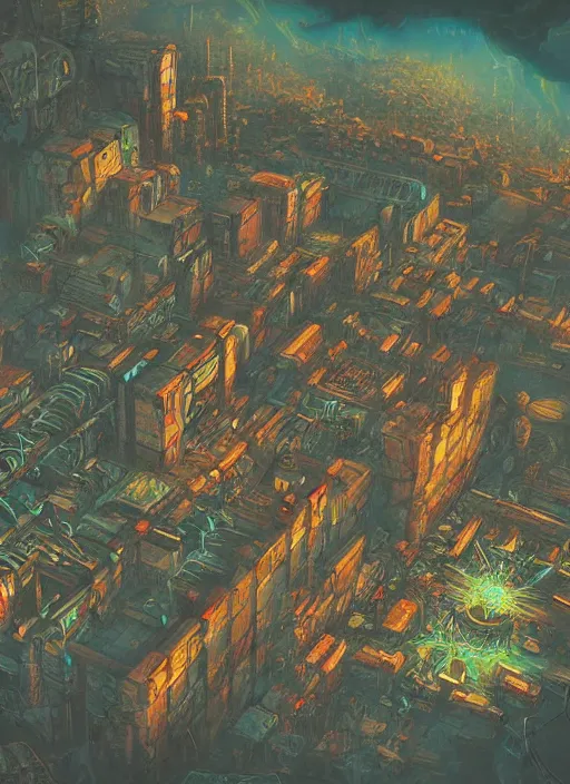 Image similar to abandoned cyberpunk village on a mountain bird eye view bird artwork by anato finnstark