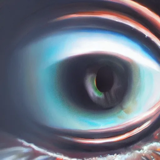 Prompt: a highly detailed photorealistic painting of a human eye with a reflection of outer space