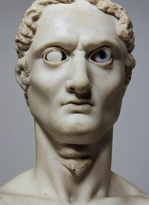 Prompt: photo of a marble bust sculpture of a one - eyed cyclops from ancient greece by michelangelo