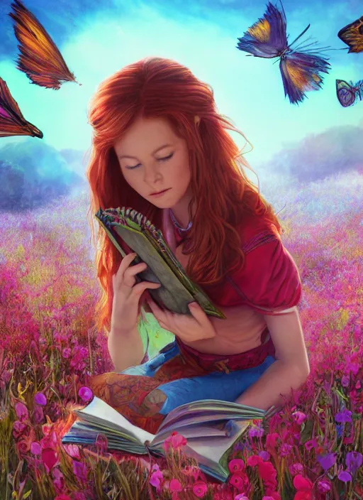 Prompt: An epic fantasy comic book style portrait painting of a young red headed girl reading a book in a field of flowers surrounded by butterflies in the style of the wheel of time, unreal 5, DAZ, hyperrealistic, octane render, cosplay, RPG portrait, dynamic lighting