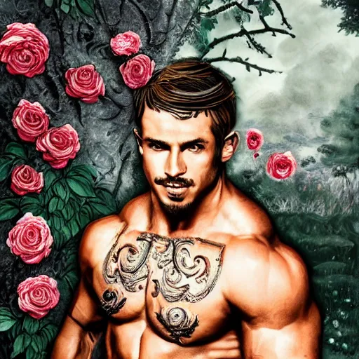 Image similar to handsome portrait of a spartan guy bodybuilder posing, surrounded by roses, intricate details, trending on artstation, sharp focus, caustics, radiant light, translucence, style of vento aureo cover art, style of stone ocean cover art, style of steel ball run cover art, ilya kuvishinov style, illustrated by hirohhiko araki