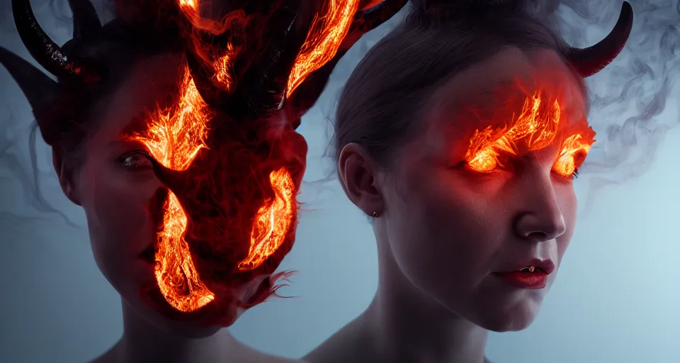 Prompt: portrait of a woman with horns made of flames in the wisps of thick smoke, looking into the camera, nightmare fuel, studio photography, studio lighting, realistic render, octane render, 4 k, 8 k, face in focus