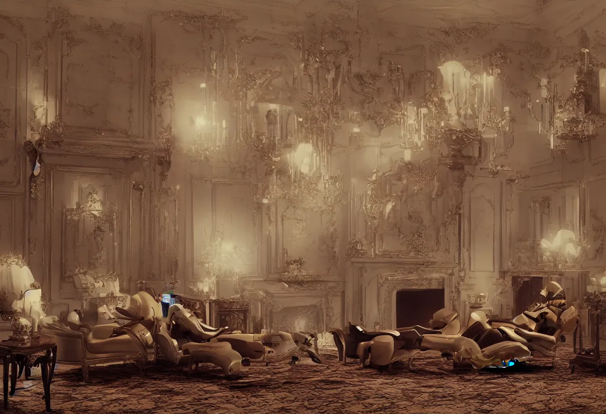 Prompt: Robot reclining on a fainting couch in front of a large fireplace in a Victorian home in the future, by Beeple