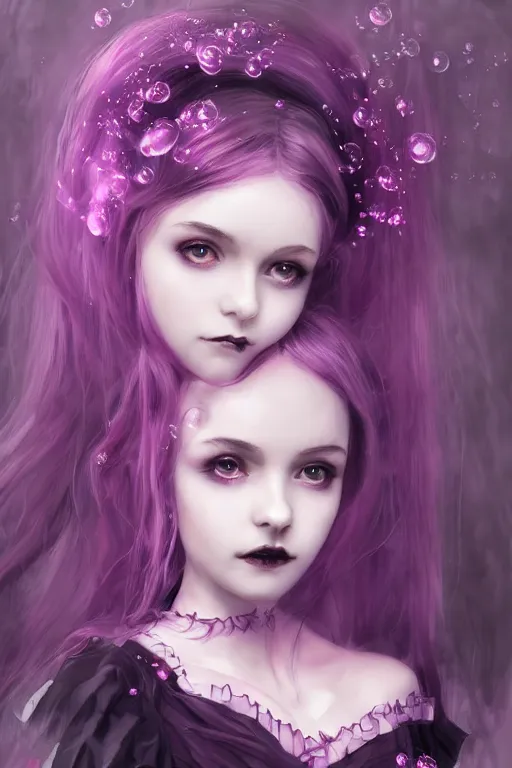 Prompt: gothic lolita girl portrait, dreamy and ethereal, expressive pose, big eyes, tender expression, exciting, fantasy, intricate, elegant, many rainbow bubbles, pink tones, purple, very detailed, digital painting, artstation, concept art, cyberpunk wearing, soft, sharp focus, illustration, art by artgerm and greg rutkowskiand alphonse much