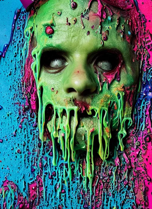 Image similar to beautiful 3 5 mm photograph of a slimy rotting zombie cop covered in colorful wet goop, dripping with colorful liquid, policeman, cop, biocop, intricate details, dark ambient, service cap, atmospheric, movie poster, poster, horror, elegant, super highly detailed, professional digital photo, artstation, concept art, 8 k