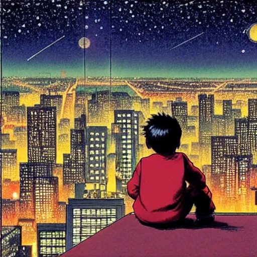 Image similar to a kid in a big city, sits on rooftop, watches a beautiful night full of stars and tech buildings, by satoshi kon and basil gogos