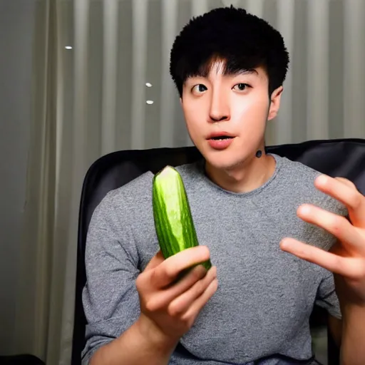 Prompt: hachubby, korean streamer on twitch eating a cucumber, photography