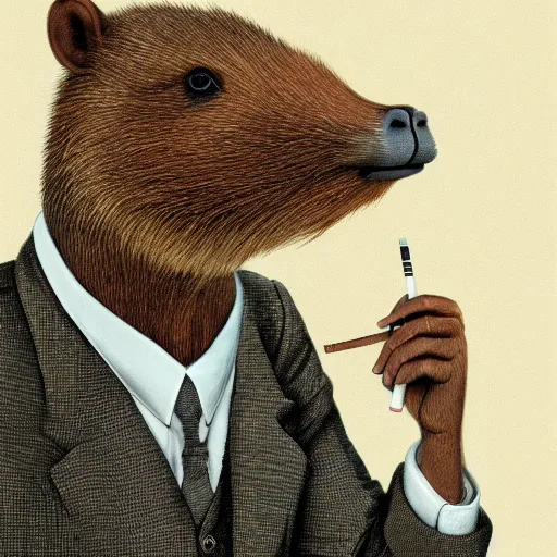 Image similar to a high detail photo of an antropomorphic capybara wearing a suit smoking a cigarrette, subject= duck, subject detail: wearing a suit, subject action: smoking a cigarrette photorealism