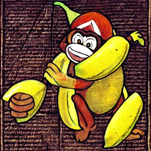 Image similar to Donkey Kong slips on a banana, medieval textbook art