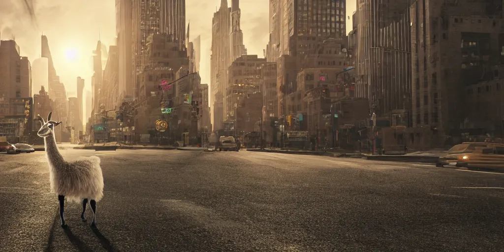 Image similar to a llama walking through a desolate manhattan city street at night, statue of liberty seen in the background, realistic 4 k octane beautifully detailed render, 4 k post - processing, highly detailed, detailed face, intricate complexity, epic composition, magical atmosphere, cinematic lighting, masterpiece, color picture, ultra hd