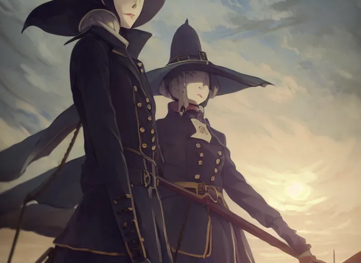 Image similar to lady maria, helm of second world war warship in background, illustration concept art anime key visual trending pixiv fanbox by wlop and greg rutkowski and makoto shinkai and studio ghibli and kyoto animation, astral witch clothes, steampunk, realistic anatomy, cute face, navy anchor, grimdark, volumetric lighting