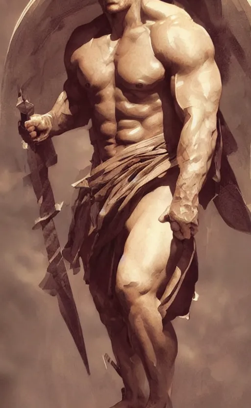 Image similar to Henry Cavill as a Greek god, gorgeous, amazing, muscular, intricate, highly detailed, digital painting, artstation, thighs!!!, concept art, sharp focus, illustration, art by greg rutkowski and alphonse mucha