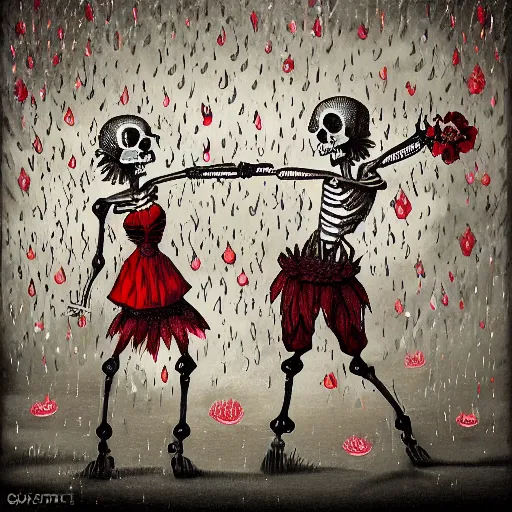 Prompt: two female skeletons dancing on stage while it rains flowers everywhere, red and white flowers, candle light, Baroque, ghosts