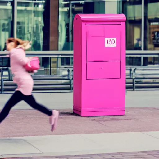 Prompt: a pink letter box with human legs running around in a shopping center