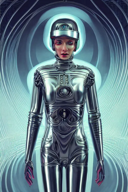 Image similar to retro-futuristic portrait of a beautiful blind female android in old chrome armour with cables and wires, laying in white liquid, ornate background, rim light, ornate pattern, glowing eyes, evil expression, high details, intricate details, renaissance painting by vincent di fate, artgerm julie bell beeple, 80s, Smooth gradients, High contrast, depth of field, very coherent symmetrical artwork