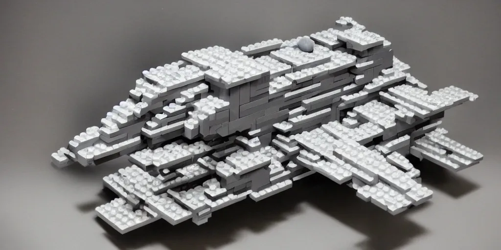 Image similar to gigantic spaceship made with grey legobricks, flying in the galaxy