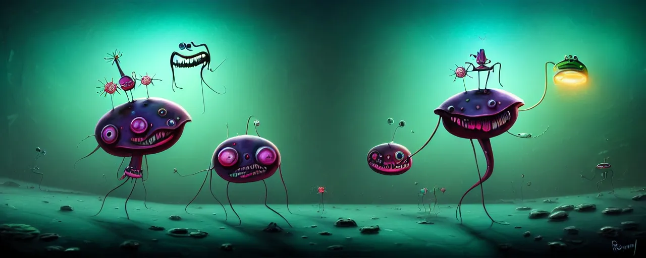 Image similar to wild whimsical plankton mutants from the depths of a wasteland deep in the imaginal realm, dramatic lighting, surreal fleischer cartoon characters, shallow dof, surreal painting by ronny khalil