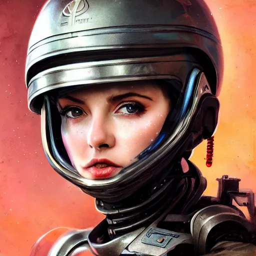 Image similar to retro futuristic female soldier with open helmet in armour, face portrait, highly detailed, fractals, ornate, cinematic, 8k, by Stanley Artgermm, Tom Bagshaw, Greg Rutkowski, Vincent di Fate, Carne Griffiths, Ayami Kojima, trending on DeviantArt, hyper detailed, full of color, digital art,