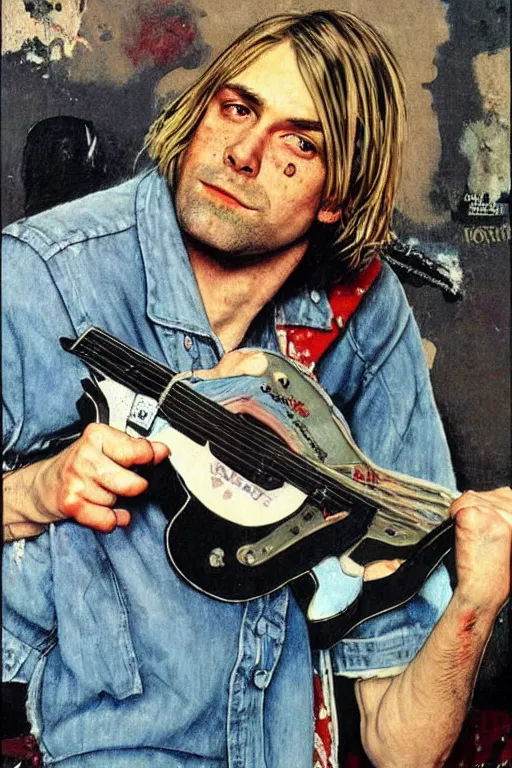 Image similar to kurt cobain from nirvana painted by norman rockwell