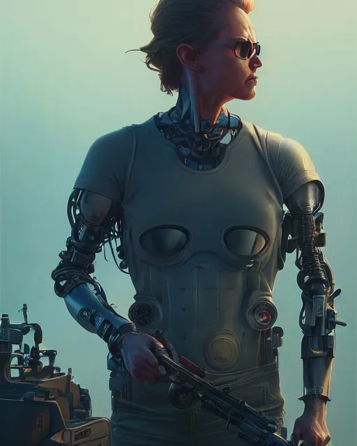 Image similar to highly detailed vfx portrait of terminator, stephen bliss, unreal engine, greg rutkowski, loish, rhads, beeple, makoto shinkai and lois van baarle, ilya kuvshinov, rossdraws, tom bagshaw, alphonse mucha, global illumination, detailed and intricate environment