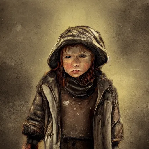 Image similar to detailed half body digital art for a game of a child wearing ragged, heavy and ruined clothes with a winter hat. moody and melanchony. the background is dark.