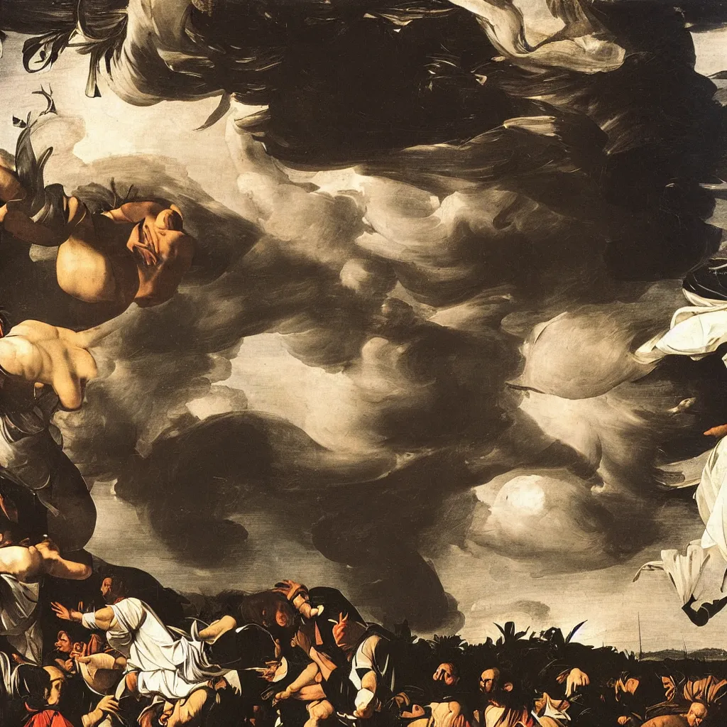 Prompt: A Caravaggio painting of a tornado touching down over a classical Italian village