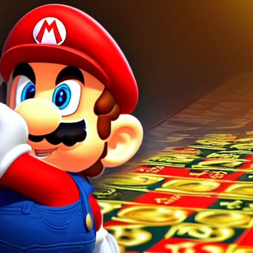 Prompt: mario at the casino, gold coins, smoke, photo