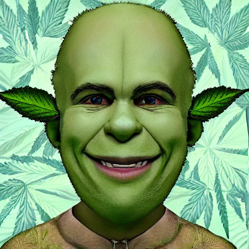 Image similar to Shreck dressed in Marijuana leaves, portrait, ultra realism