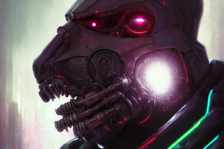 Image similar to portrait of cyborg Dementor from Harry Potter in cyberpunk, neon lighting, portrait in center, digital art from artstation by Ruan Jia and Mandy Jurgens and Artgerm and william-adolphe bouguereau and Greg Rutkowski and Wayne Barlowe