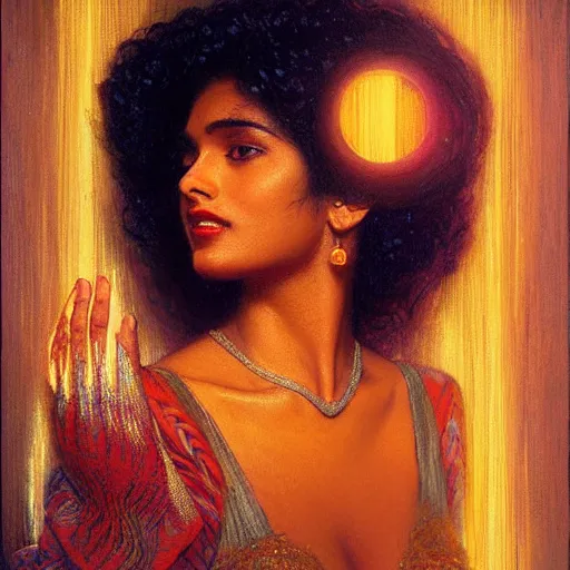 Image similar to 8 0 s srilankan woman with futurestic neon lights painting by gaston bussiere, craig mullins, j. c. leyendecker, lights, art by ernst haeckel, john william godward, hammershøi,,