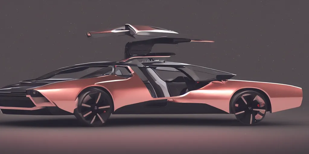 Image similar to a design of a futuristic DMC Delorian, designed by Polestar, blade runner background, front and back view, rose copper car paint with white line accent detailing, black windows, sportscar, dark show room, dramatic lighting, hyper realistic render, depth of field