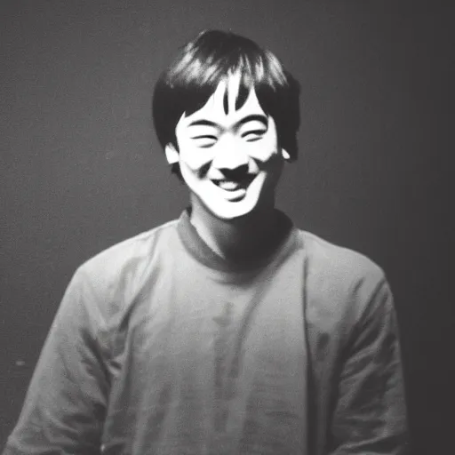 Image similar to very old photo of joji grinning at the camera with his head being slightly tilted to the right, lots of grain, red reflection in eyes, dark pitch black background, in te style of the album ballads 1.