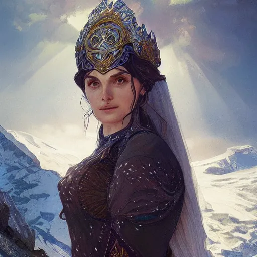 Image similar to Varda, queen of arda, on Mount Taniquetil in Valinor, elegant portrait, highly detailed, digital painting, artstation, concept art, sharp focus, illustration, art by artgerm and greg rutkowski and alphonse mucha