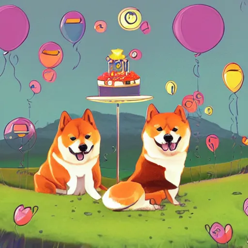 Image similar to expensive birthday card with happy shiba inu dogs singing, Nintendo game art, Hayao Miyazaki, intricate detail, illustration, beautiful lighting,