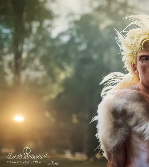 Prompt: award winning 5 5 mm close up portrait color photo of super saiyan trump, in a park by luis royo. soft light. sony a 7 r iv