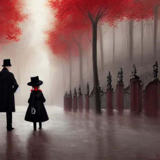 Image similar to a highly detailed epic cinematic concept art, a thin man in a black coat and bowler hat talks with small young girl who is dressed in a red coat and a red hat, park, autumn, wide angle, high detail, in style of Greg Rutkowski, width 768