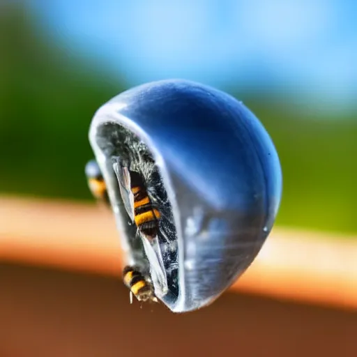 Prompt: side view of a bullet shot frozen in mid-air in the air. Rectangular bullet. Blue sky blurry background. Plus add a Bee flying next to l the bullet.