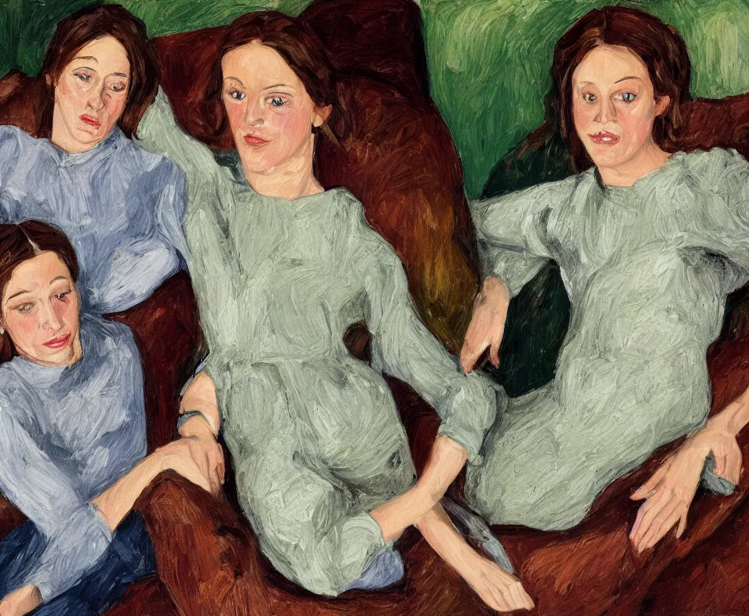 Image similar to portrait of pretty bella and esther with brown hair lying horizontal next to each other, in an old english apartment on a brown leather sofa. one is wearing a dark blue sweather, the other a white shirt. close up. in the style of lucien freud. oil painting. green light. thick colorful brush strokes. smiling