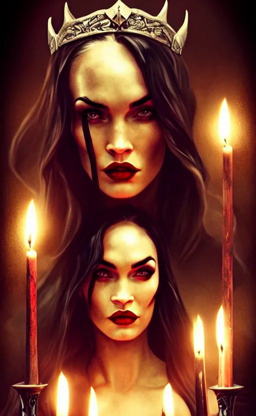 Prompt: megan fox witch queen, black eyes, blood, full body, intricate victorian dress, full body, cinematic lighting, symmetrical eyes, rafael albuquerque, charlie bowater, moody lighting, candles