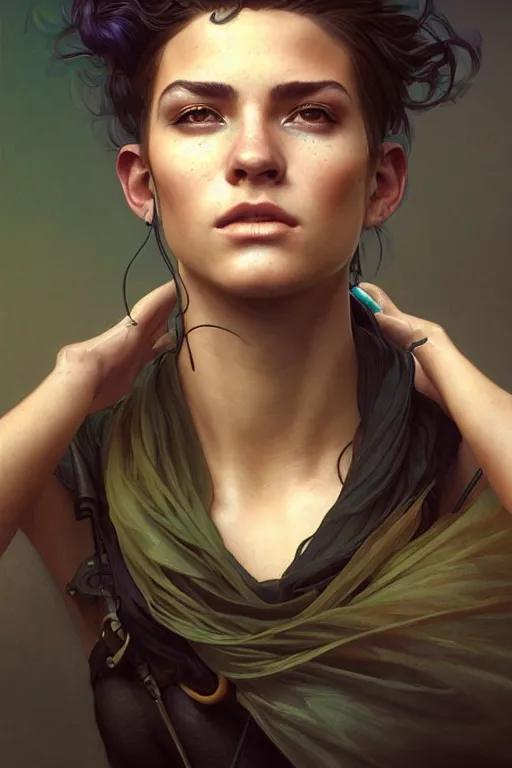 Image similar to photorealistic portrait of a young butch solarpunk woman, handsome, female, masculine, upper body, fantasy, fierce, sharp features, intricate, elegant, highly detailed, digital painting, artstation, concept art, matte, sharp focus, illustration, art by artgerm and greg rutkowski and alphonse mucha